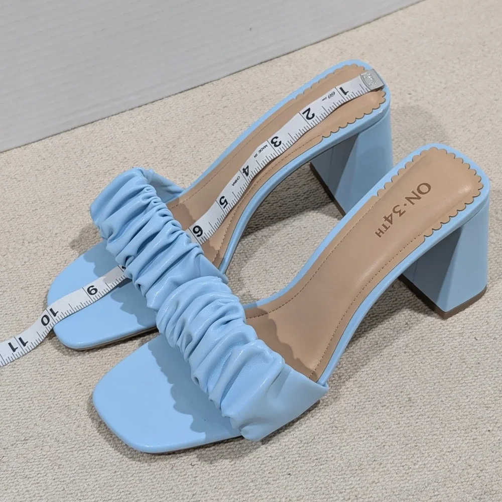 On 34th Sallieep Blue Ruched Block Heel Square Toe Slide Sandals 8.5 M